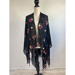 Harve Benard Black Boho Floral Embroidered Lightweight Shawl Wrap Kimono OS